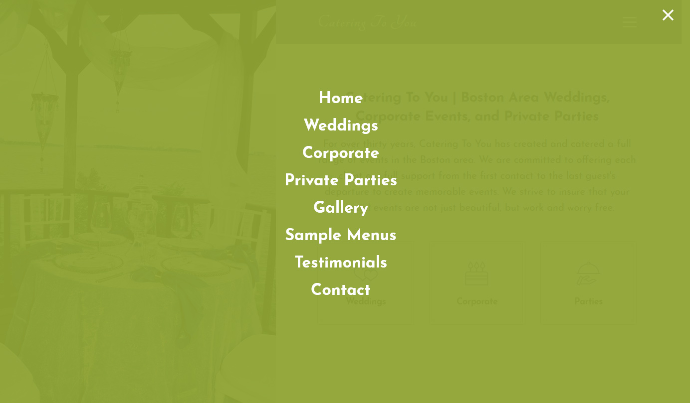 Navigation appears in a full-screen overlay - cateringtoyou.net &copy; by eBree Web Design