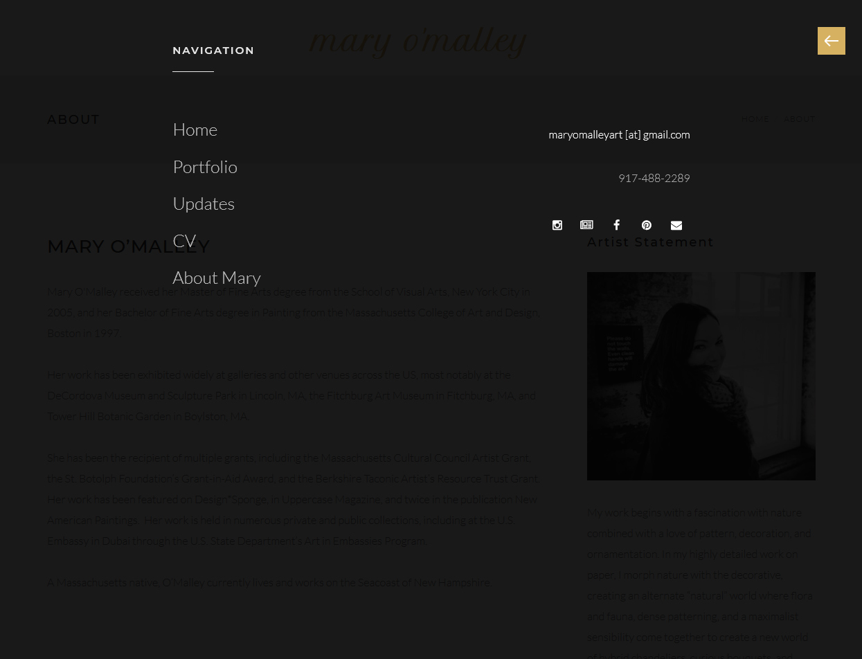 Full-screen overlay navigation - maryomalleyart.com &copy; by eBree Web Design